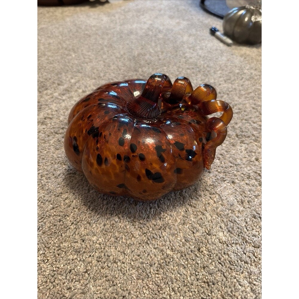 Hand Blown Pumpkin Tortoise Amber Brown Iridescent Art Glass 8โ Diameter Vintage